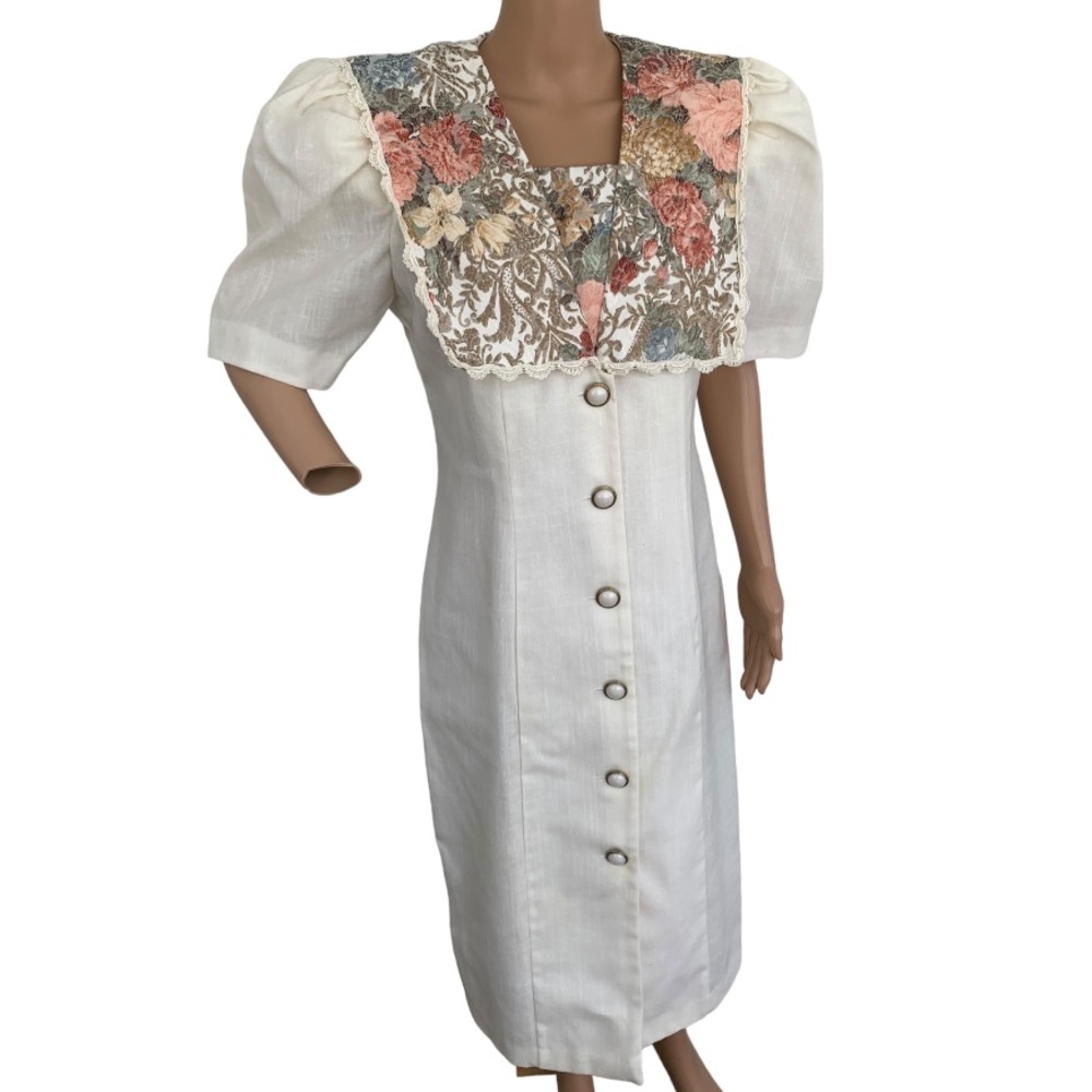 80s Floral Collar Dress Modest Ivory Button Down SL Fashions 14 38 32 40 - Picture 3 of 8